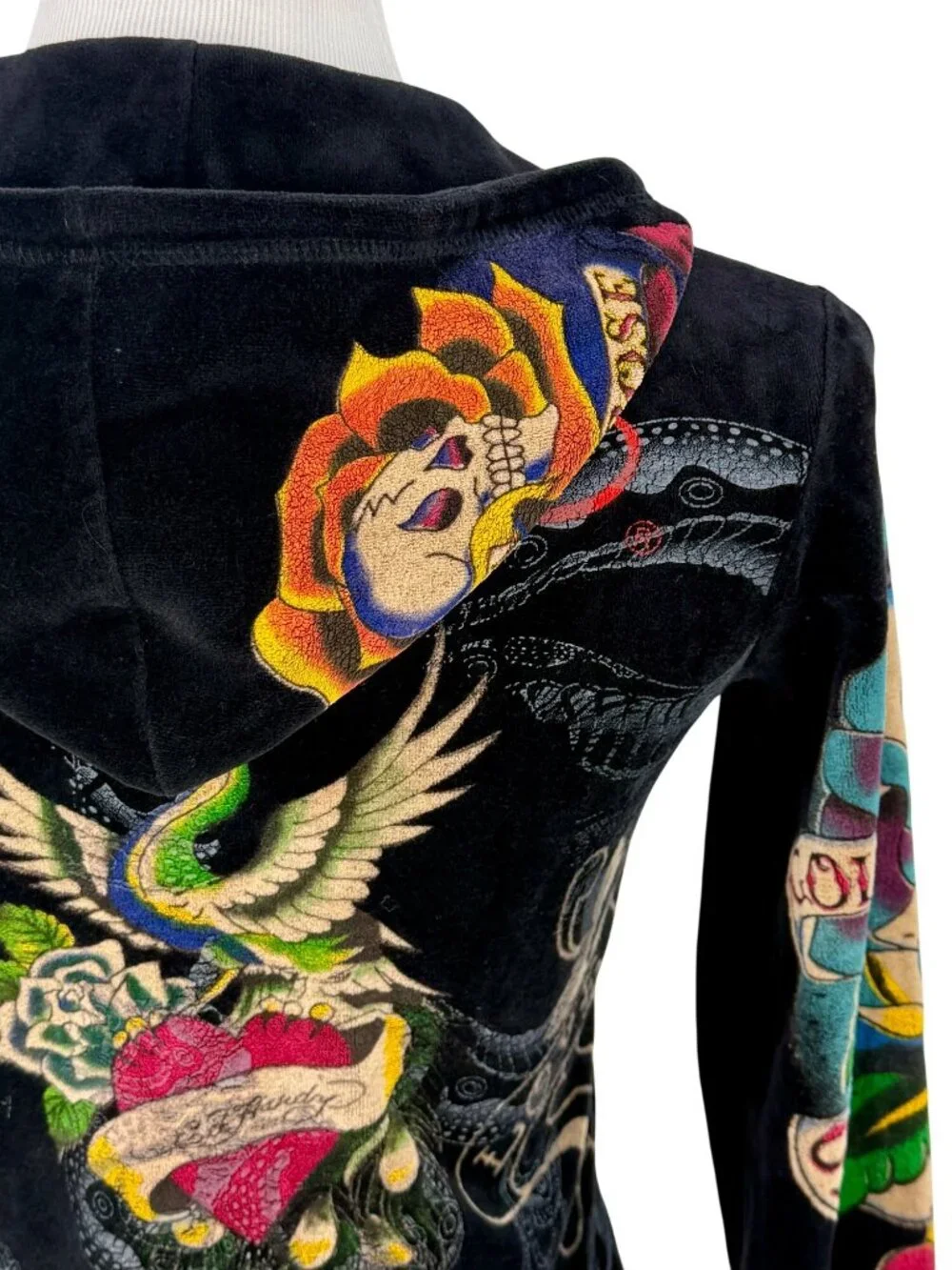 VTG Ed Hardy Black Velour Zip Up Tattoo Hoodie | McBling Indie Sleaze Trashy Y2K - Picture 9 of 16